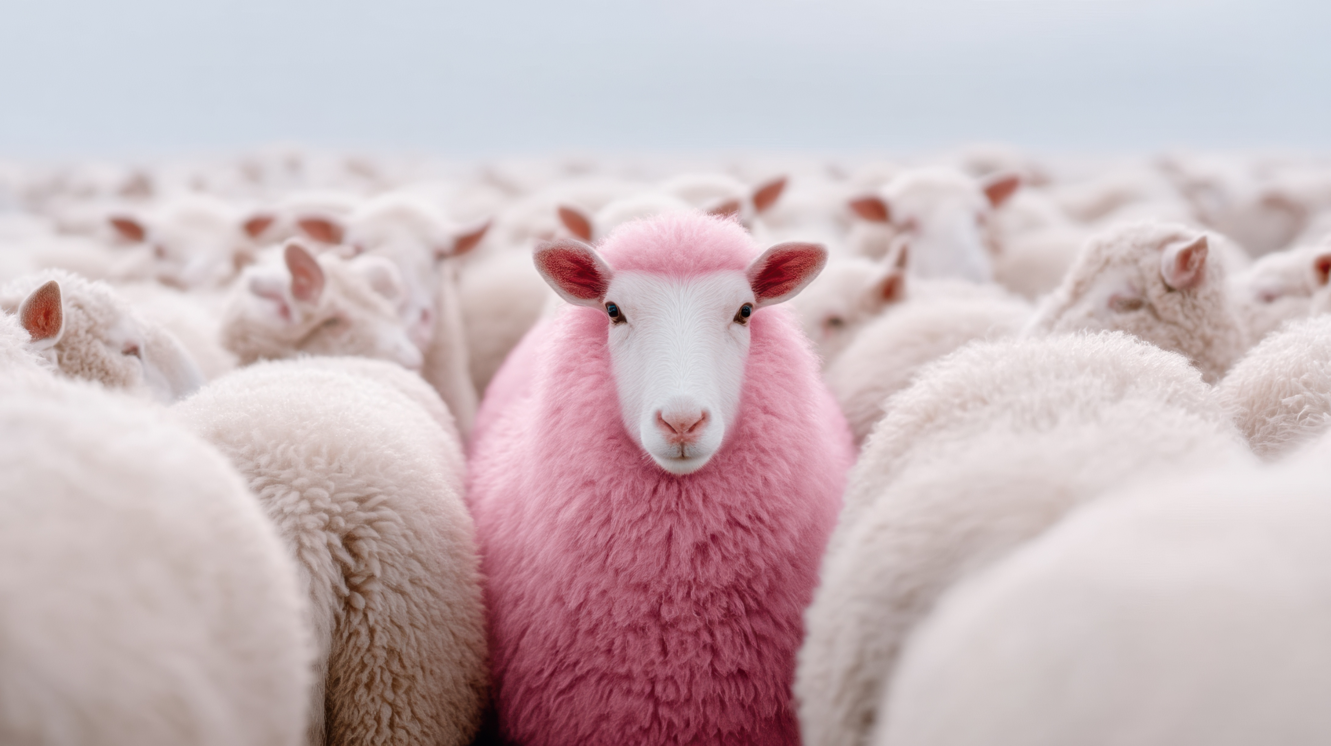 Ein Magenta-Schaf sticht aus einer Horde weißer Schafe heraus